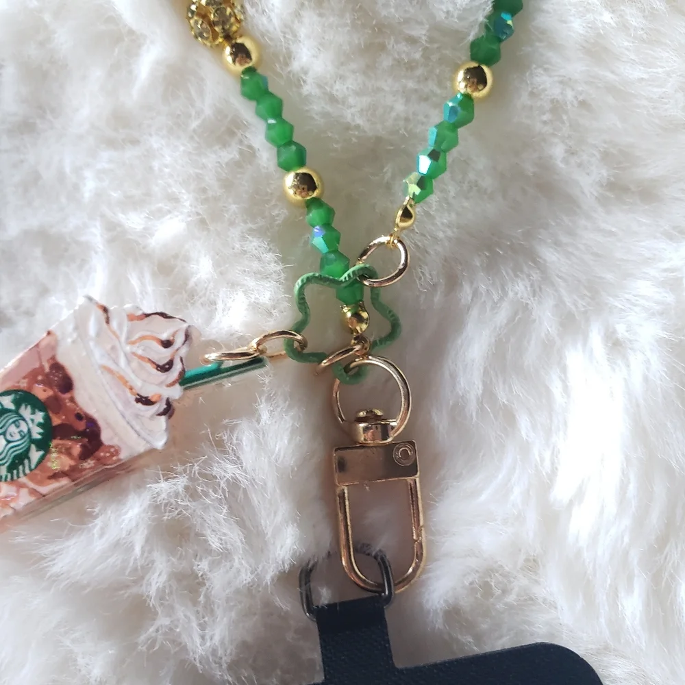 Green and Gold Beaded Phone Holder Keychain with Coffee Charm.